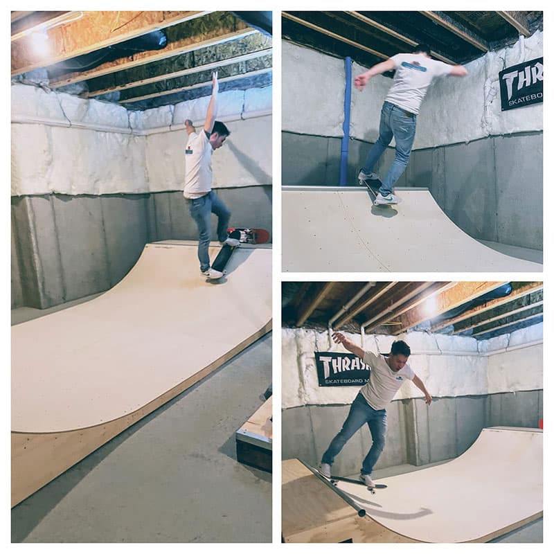 Collage of three different pictures of Schyler Manning skateboarding on a half-pipe