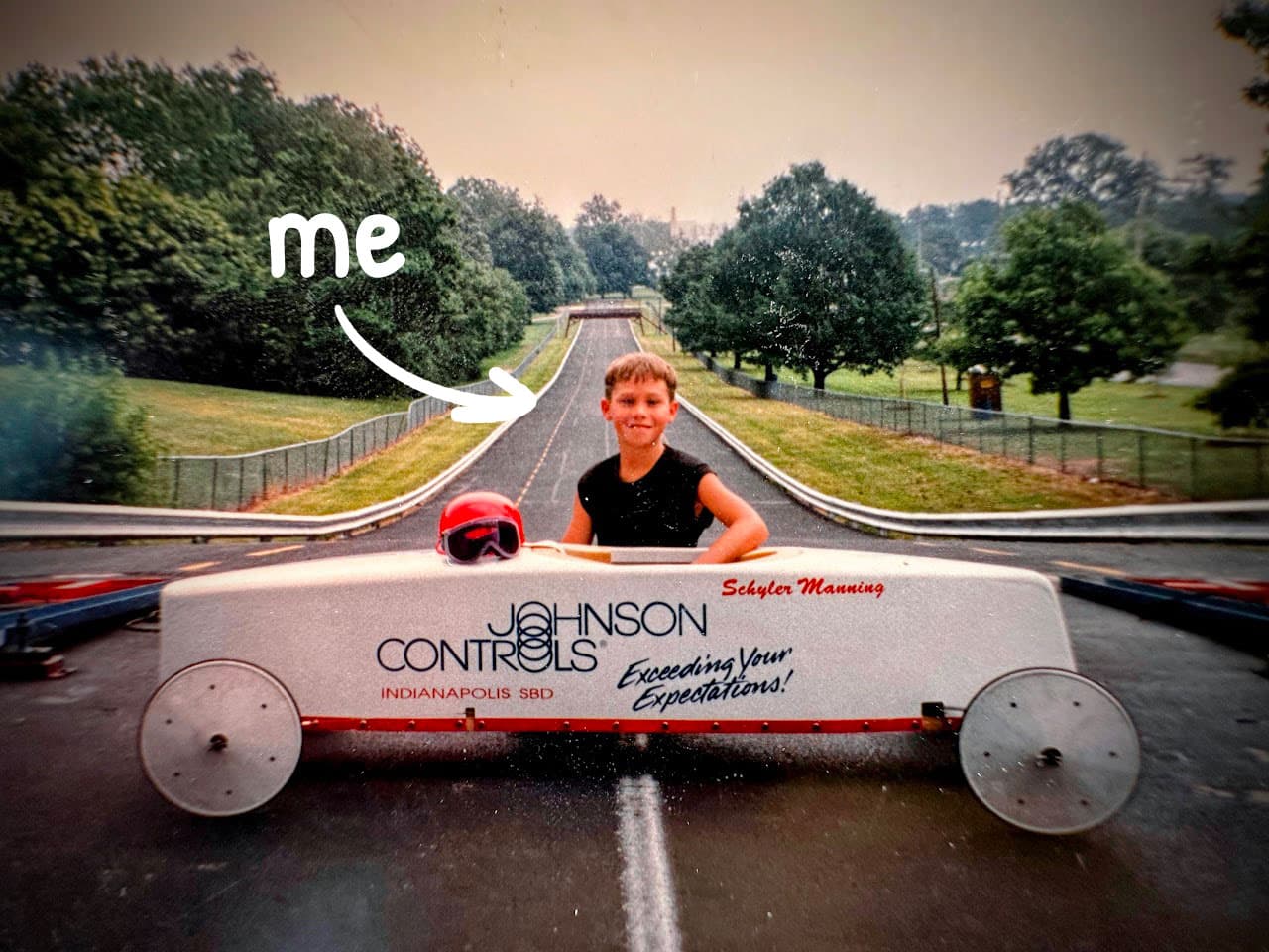 Schyler Manning with first stock soap box car at top of hill