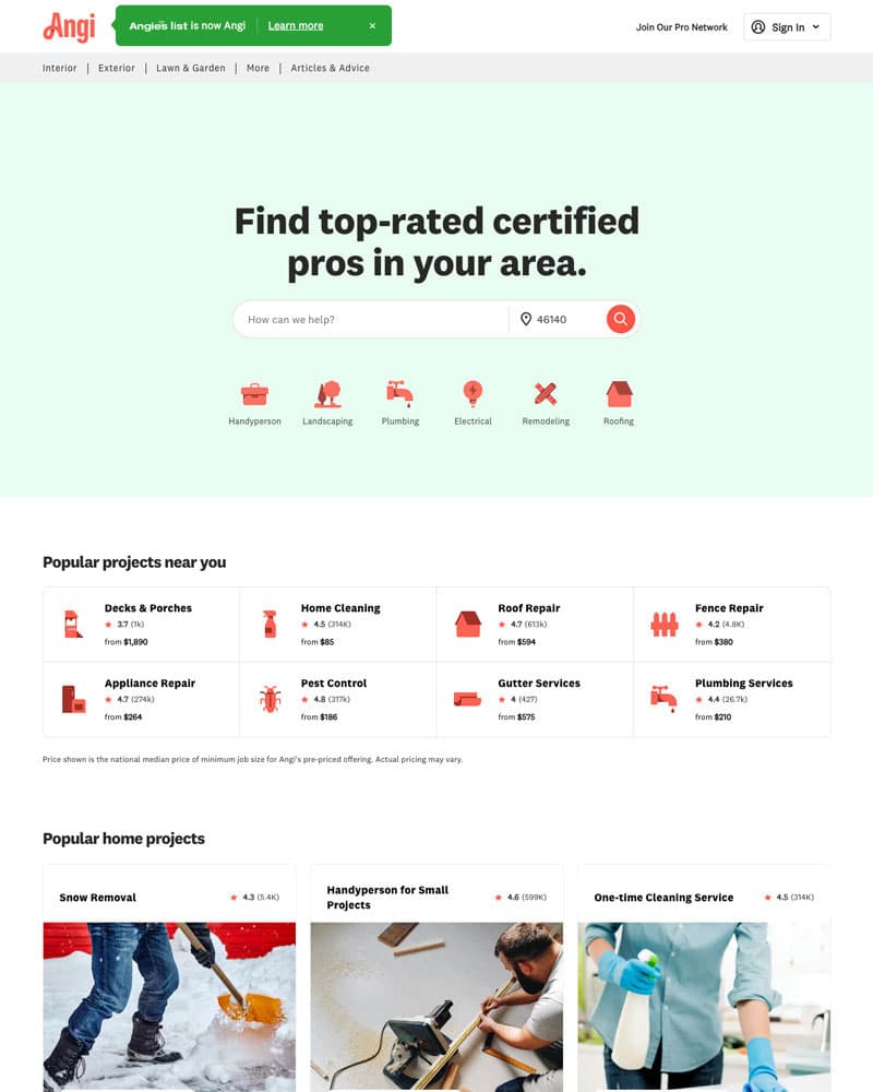 Angi website screenshot