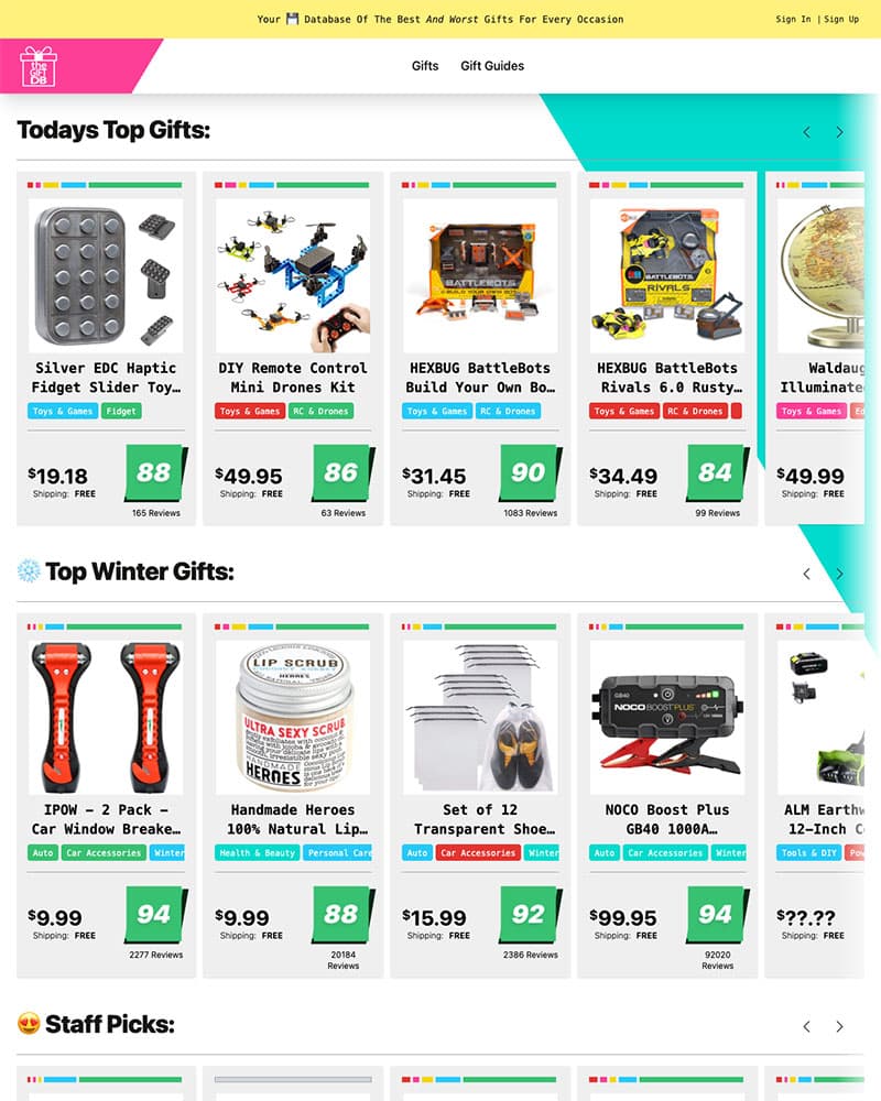 theGiftDB home page screenshot